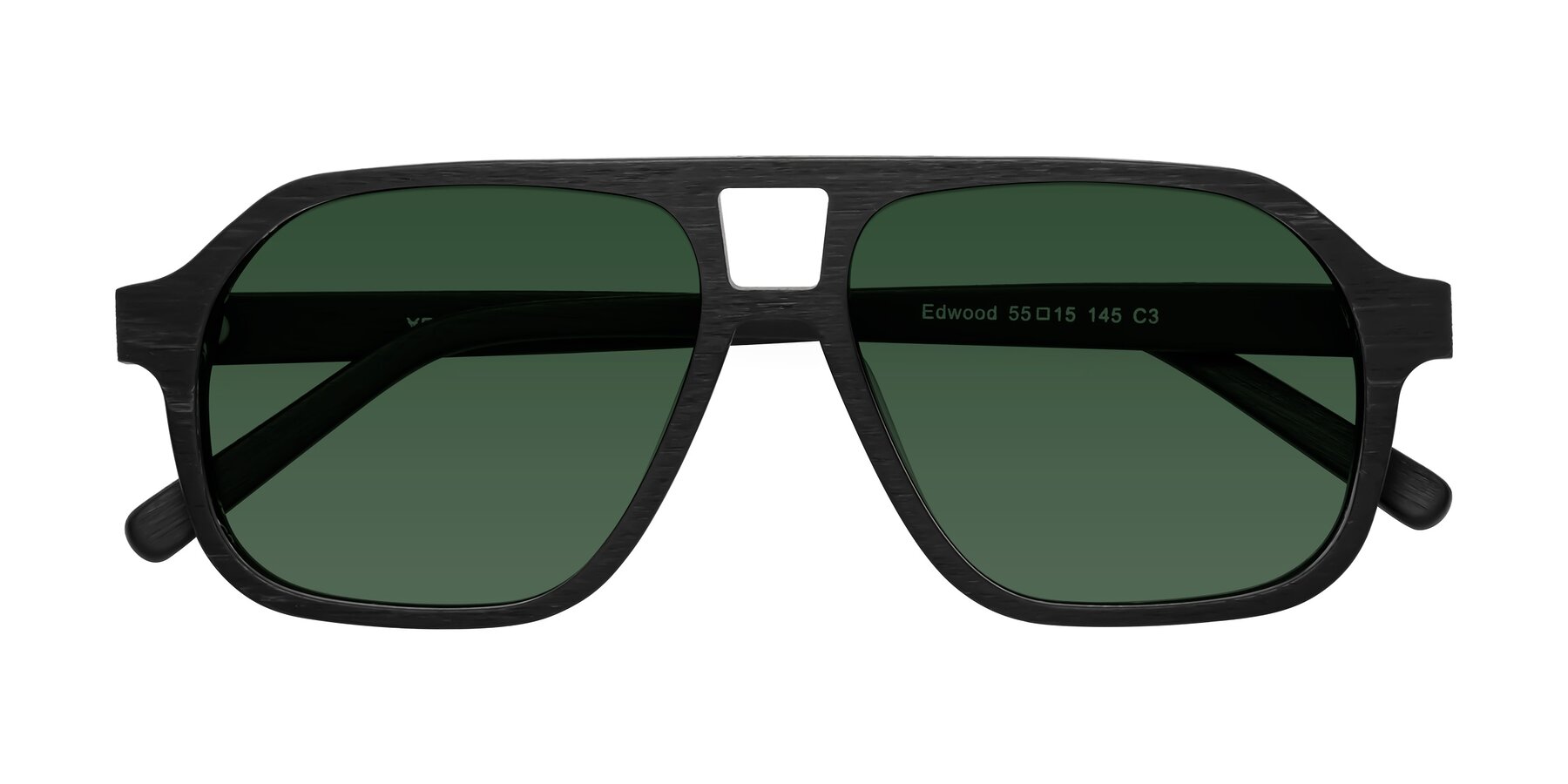 Folded Front of Edwood in Black Woodgrain with Green Tinted Lenses