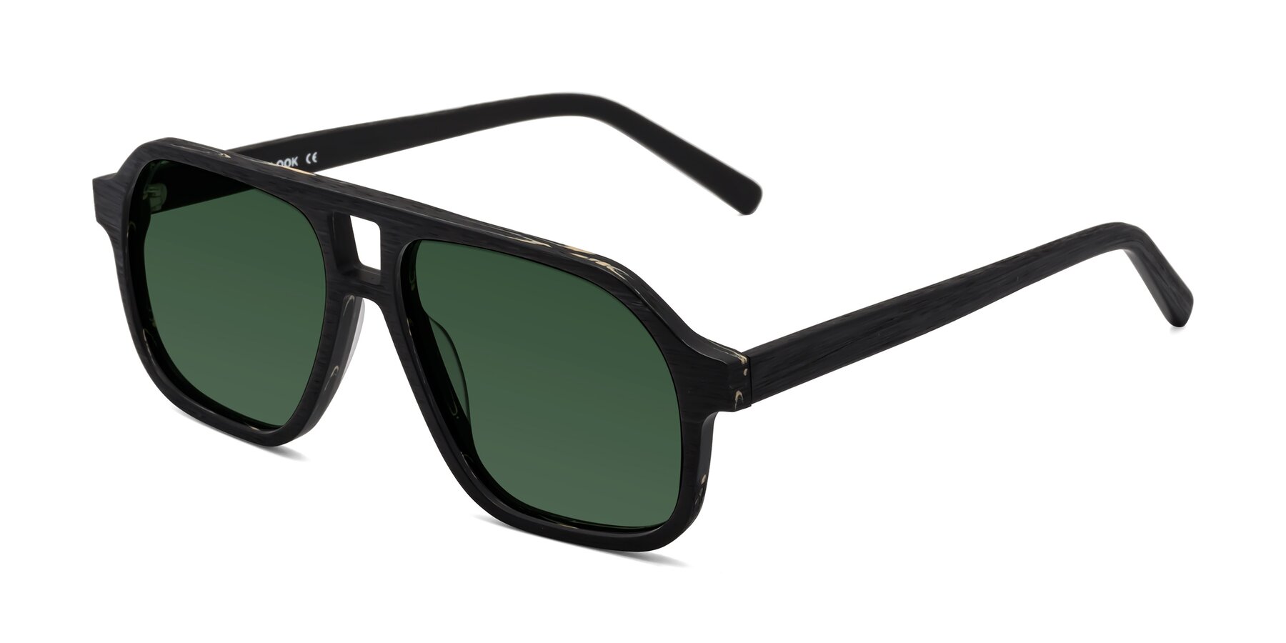 Angle of Edwood in Black Woodgrain with Green Tinted Lenses