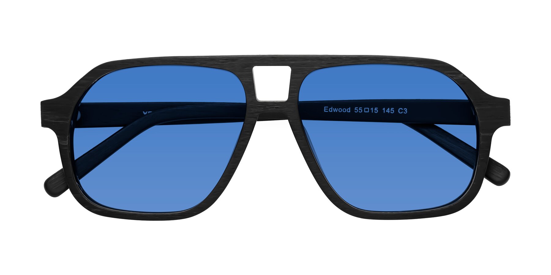 Folded Front of Edwood in Black Woodgrain with Blue Tinted Lenses