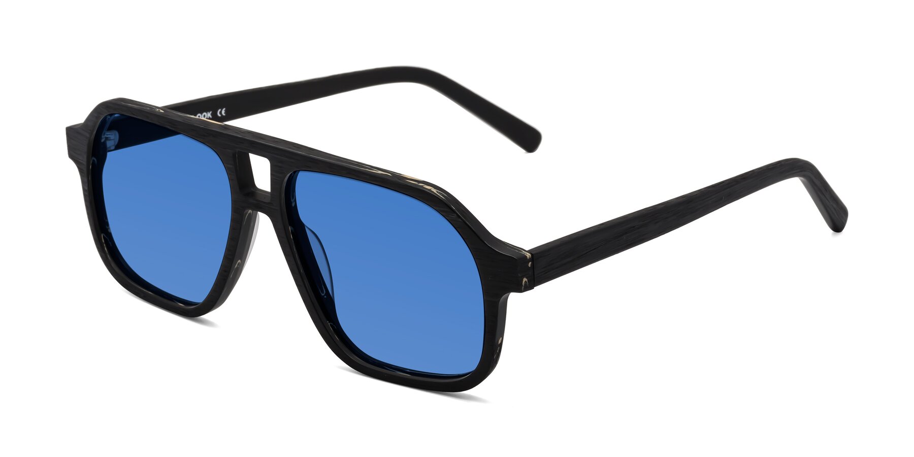 Angle of Edwood in Black Woodgrain with Blue Tinted Lenses