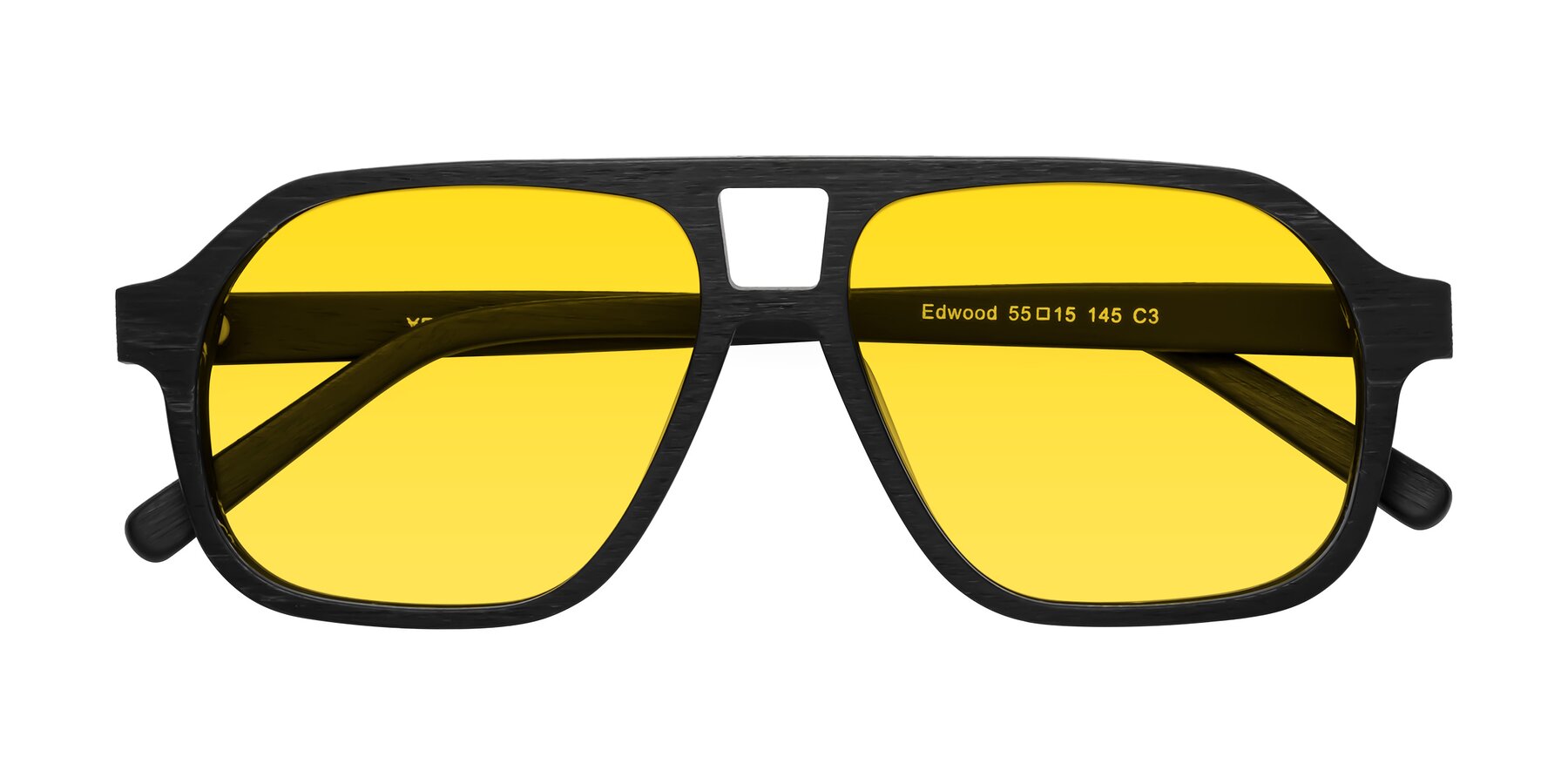 Folded Front of Edwood in Black Woodgrain with Yellow Tinted Lenses