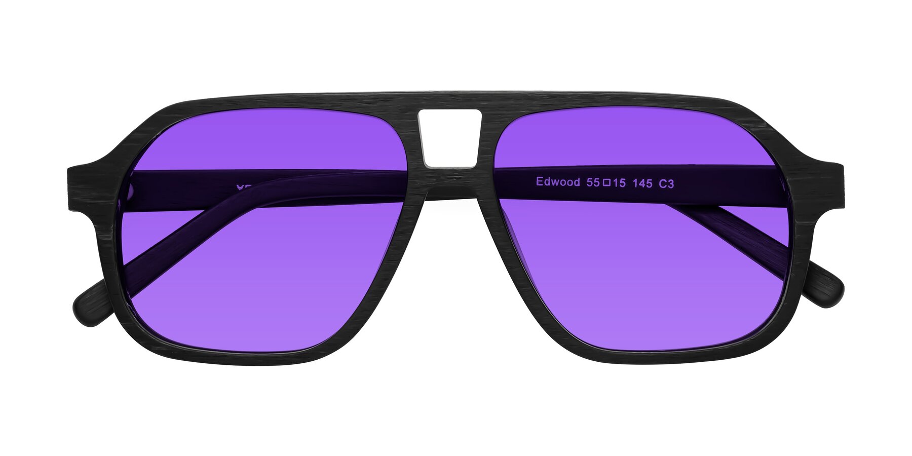 Folded Front of Edwood in Black Woodgrain with Purple Tinted Lenses