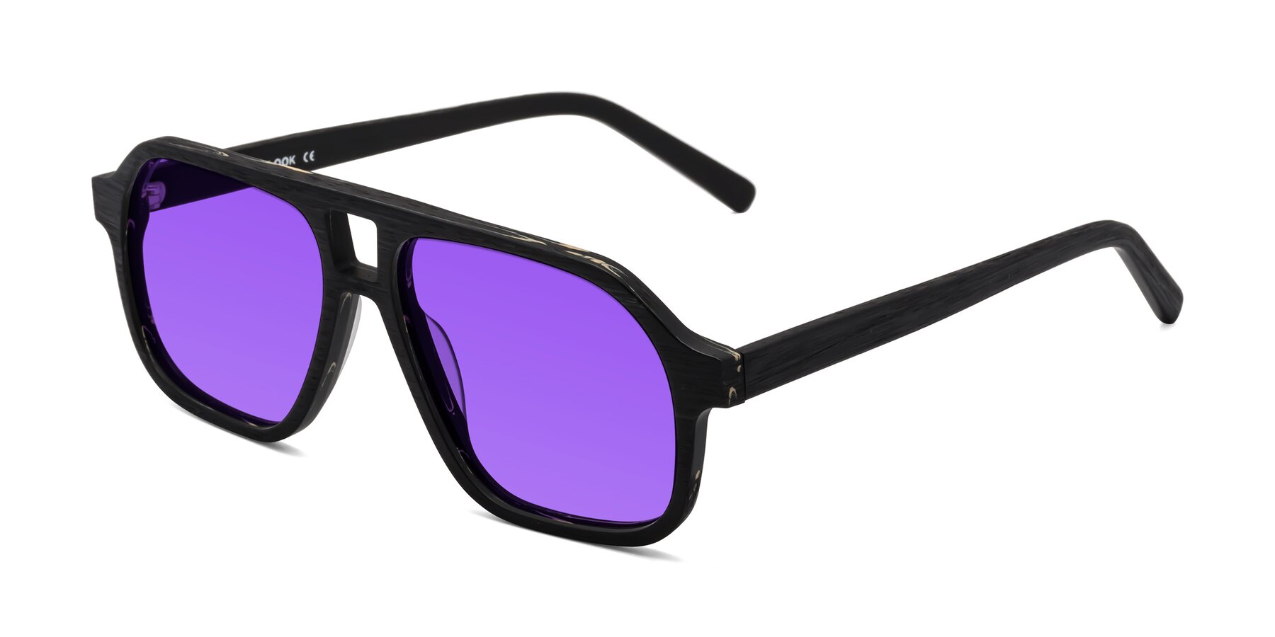 Angle of Edwood in Black Woodgrain with Purple Tinted Lenses