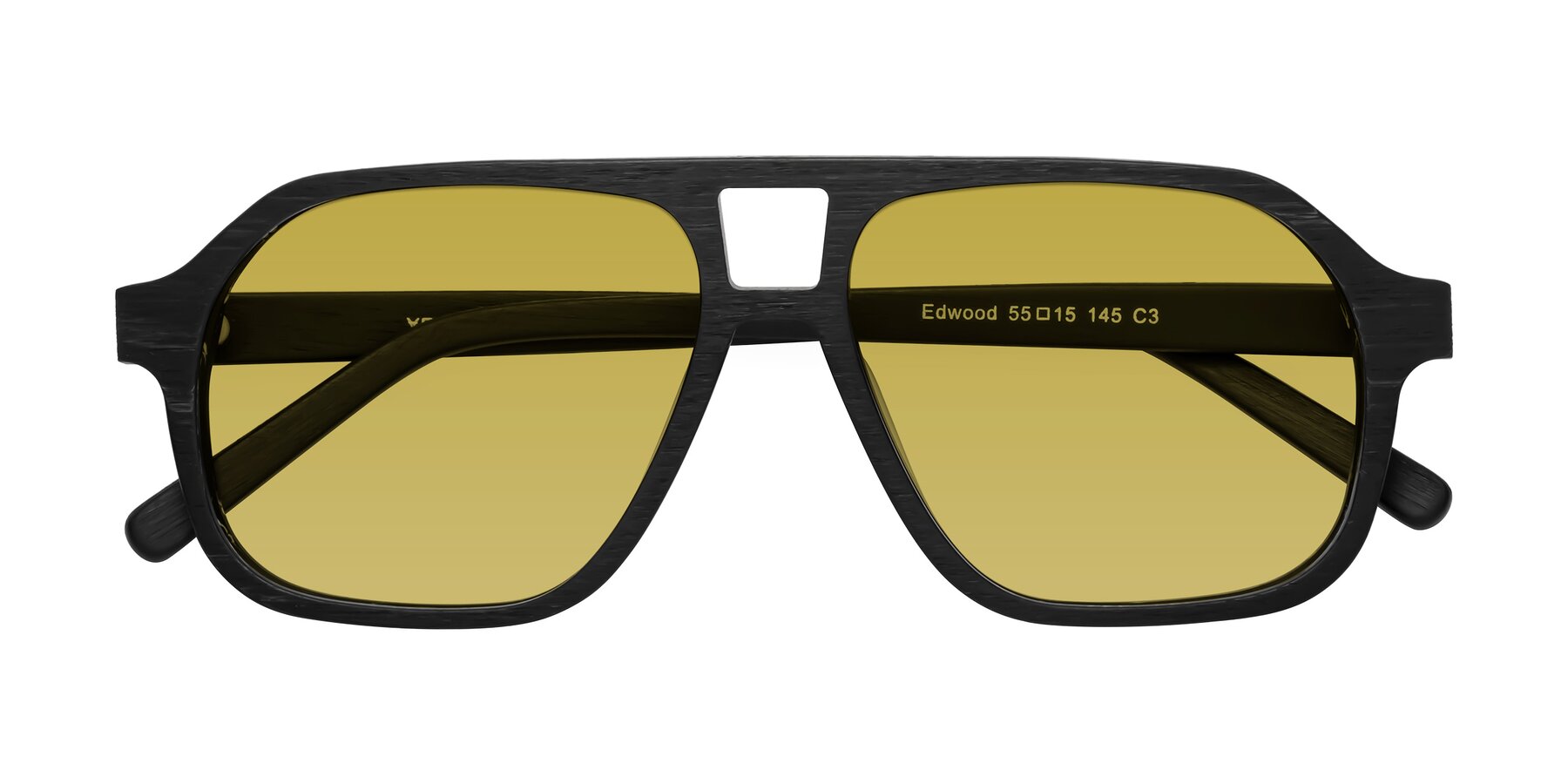 Folded Front of Edwood in Black Woodgrain with Champagne Tinted Lenses