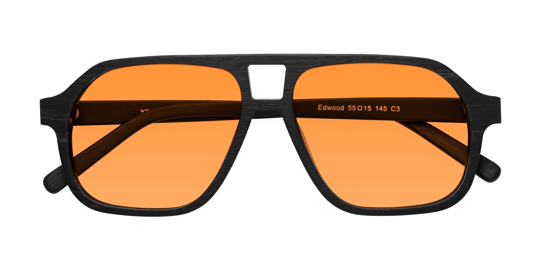 Folded Front of Edwood in Black Woodgrain with Orange Tinted Lenses