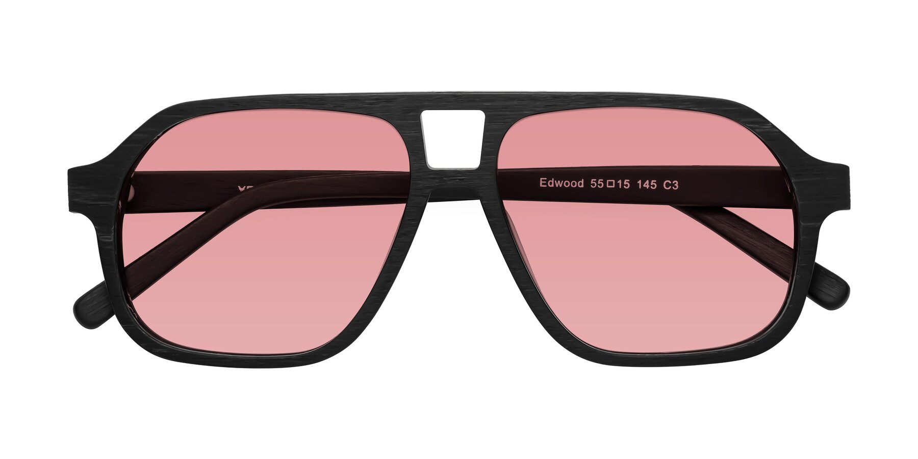 Folded Front of Edwood in Black Woodgrain with Medium Garnet Tinted Lenses