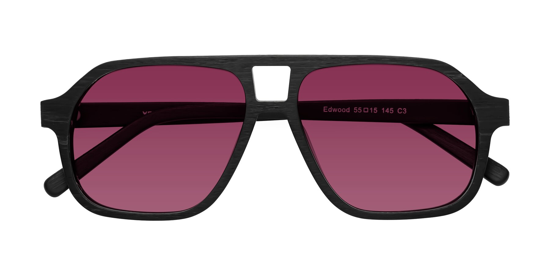 Folded Front of Edwood in Black Woodgrain with Wine Tinted Lenses