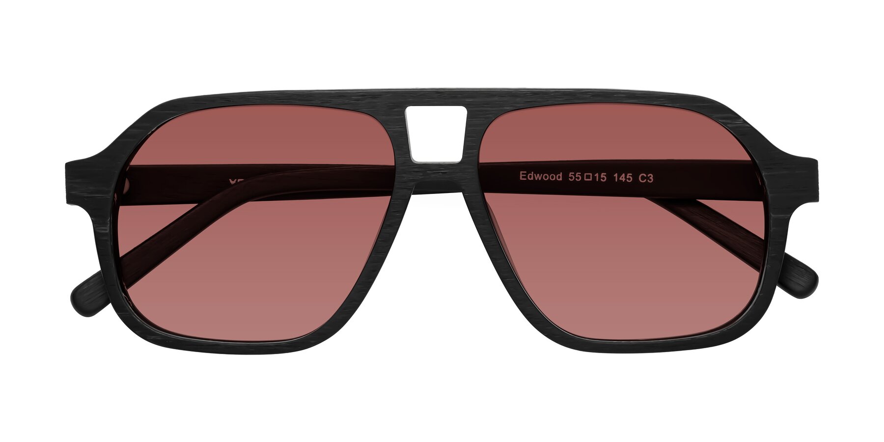 Folded Front of Edwood in Black Woodgrain with Garnet Tinted Lenses