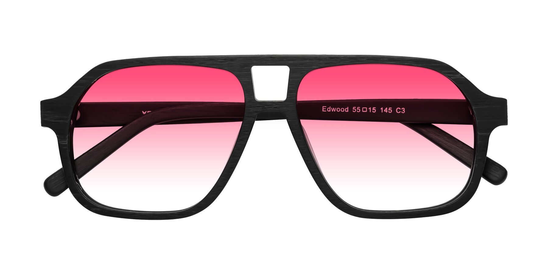 Folded Front of Edwood in Black Woodgrain with Pink Gradient Lenses