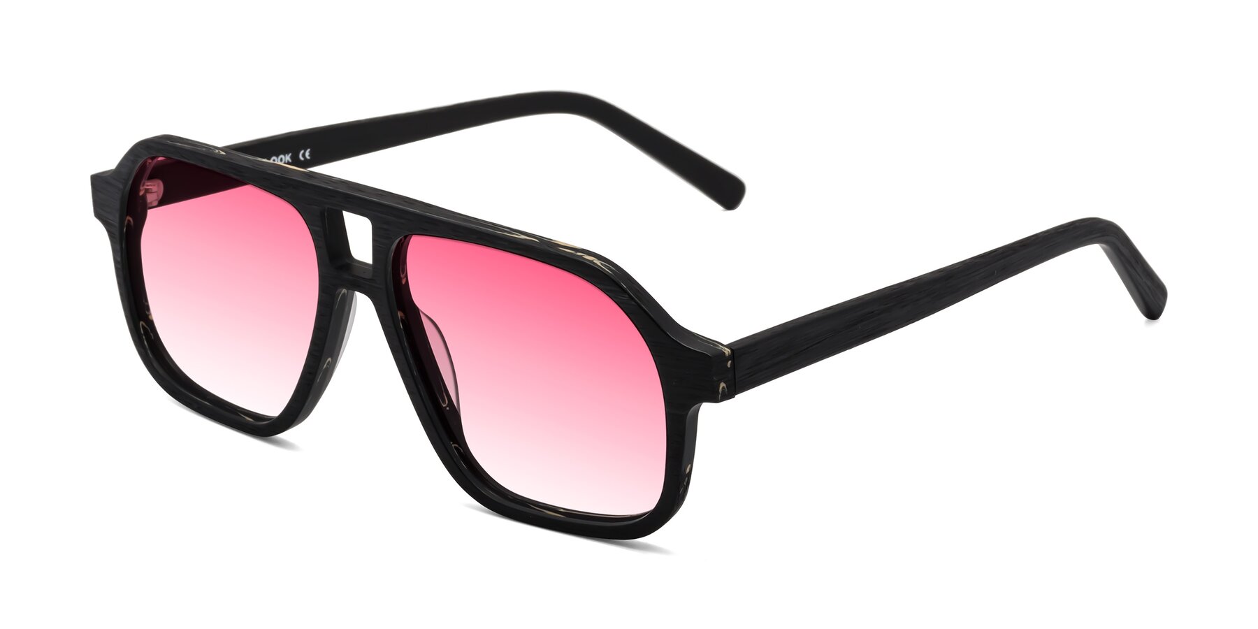 Angle of Edwood in Black Woodgrain with Pink Gradient Lenses