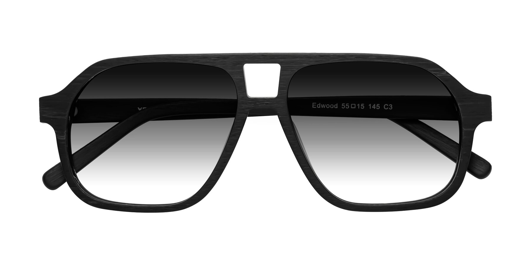 Folded Front of Edwood in Black Woodgrain with Gray Gradient Lenses