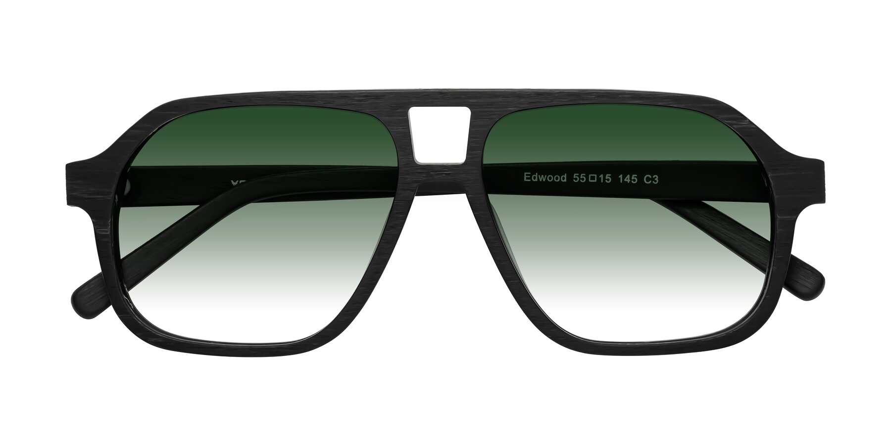 Folded Front of Edwood in Black Woodgrain with Green Gradient Lenses