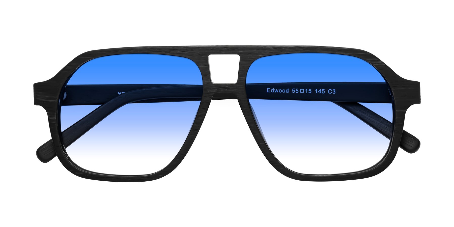 Folded Front of Edwood in Black Woodgrain with Blue Gradient Lenses