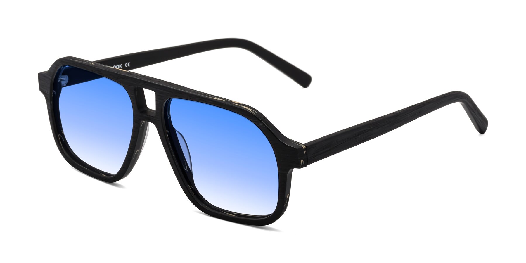 Angle of Edwood in Black Woodgrain with Blue Gradient Lenses