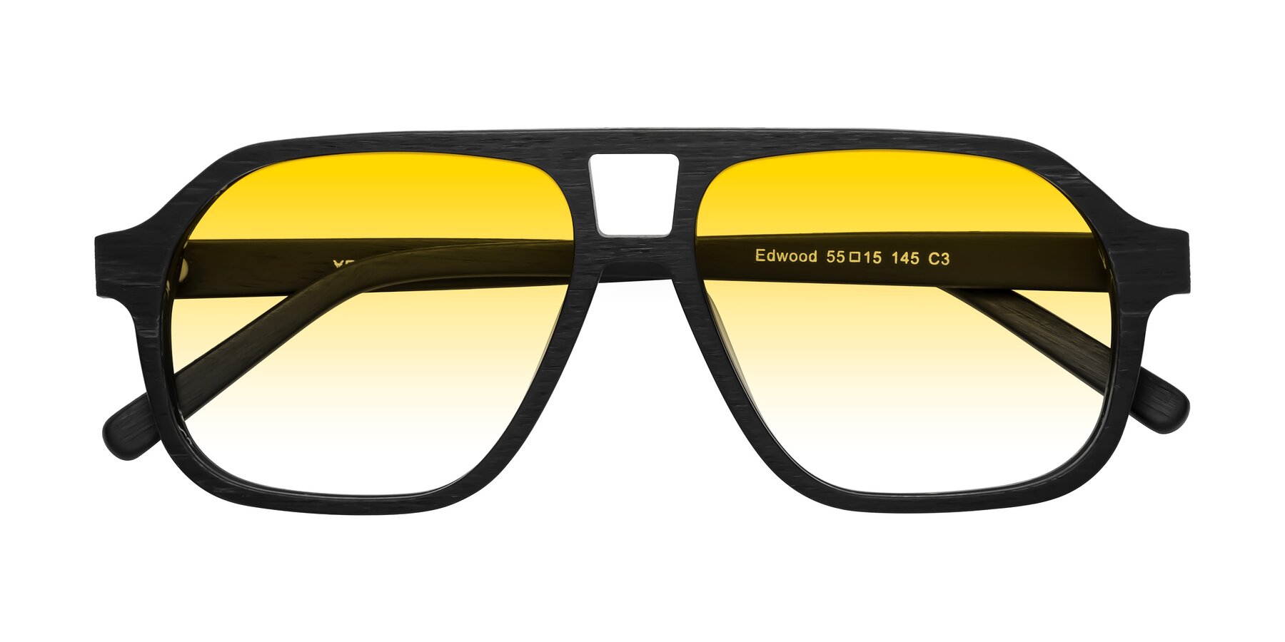 Folded Front of Edwood in Black Woodgrain with Yellow Gradient Lenses