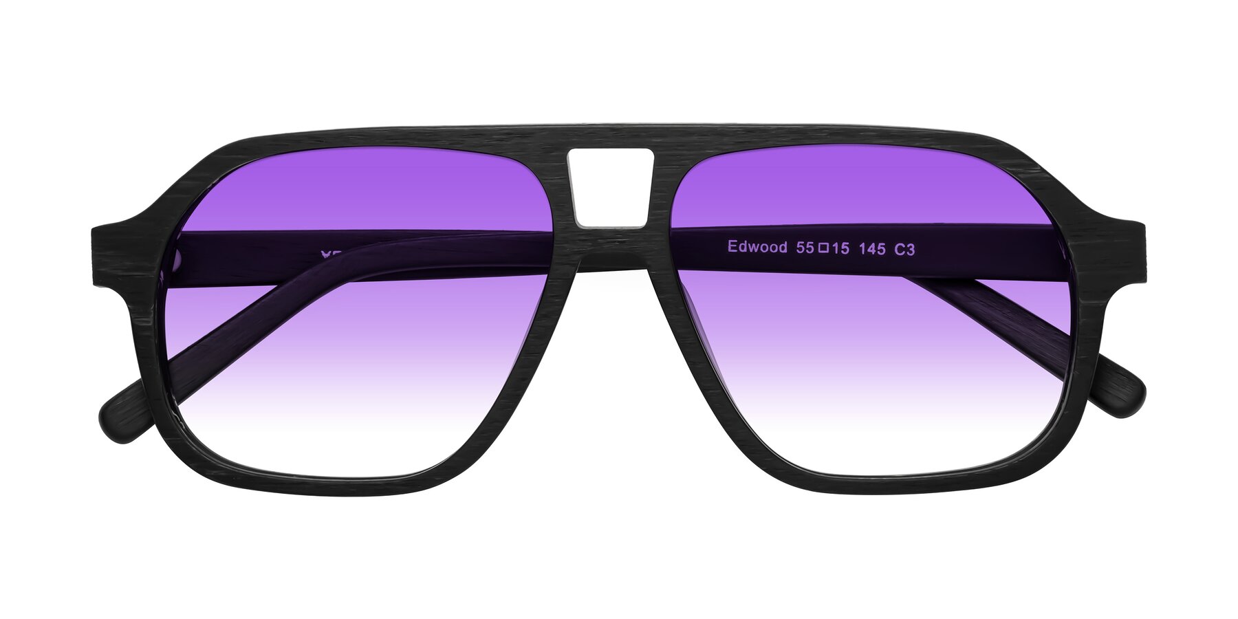 Folded Front of Edwood in Black Woodgrain with Purple Gradient Lenses