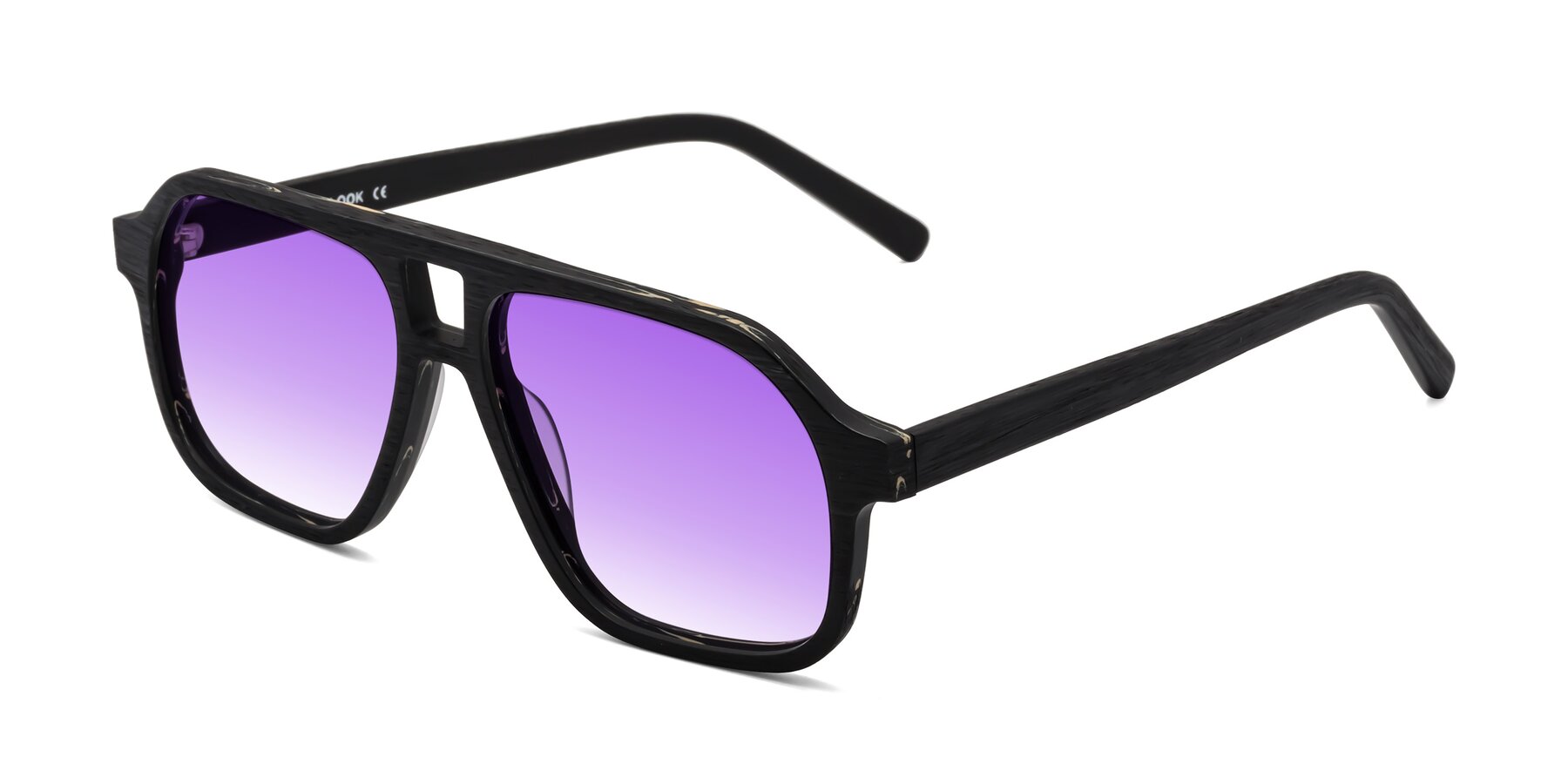 Angle of Edwood in Black Woodgrain with Purple Gradient Lenses