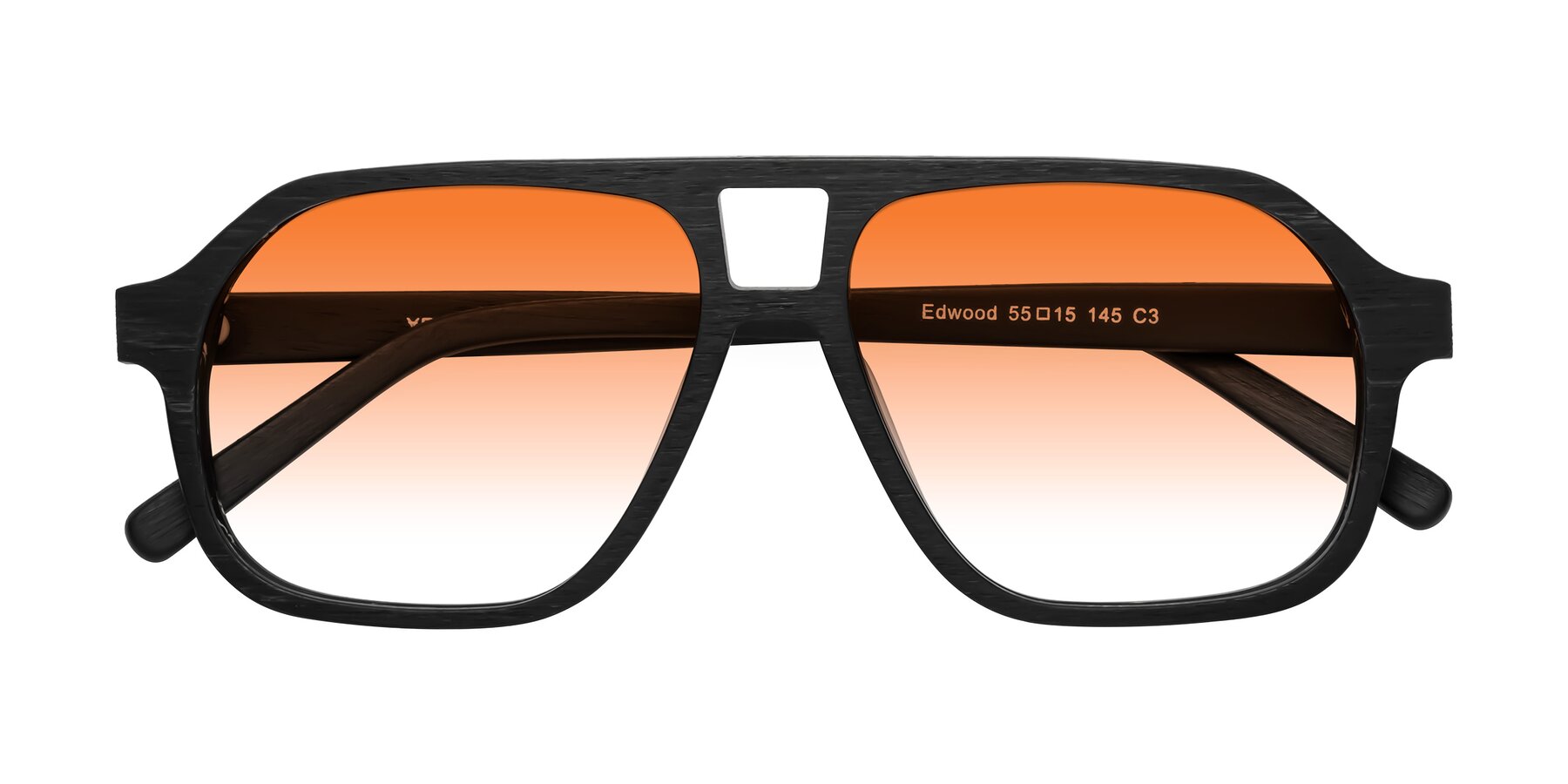 Folded Front of Edwood in Black Woodgrain with Orange Gradient Lenses