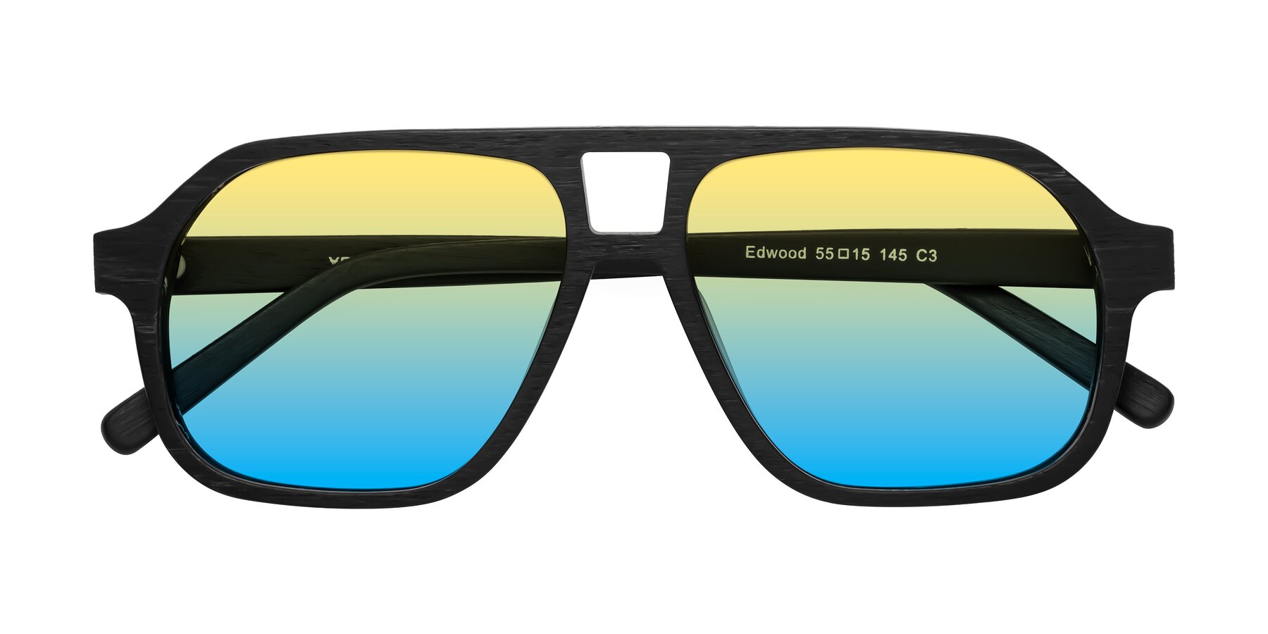 Folded Front of Edwood in Black Woodgrain with Yellow / Blue Gradient Lenses