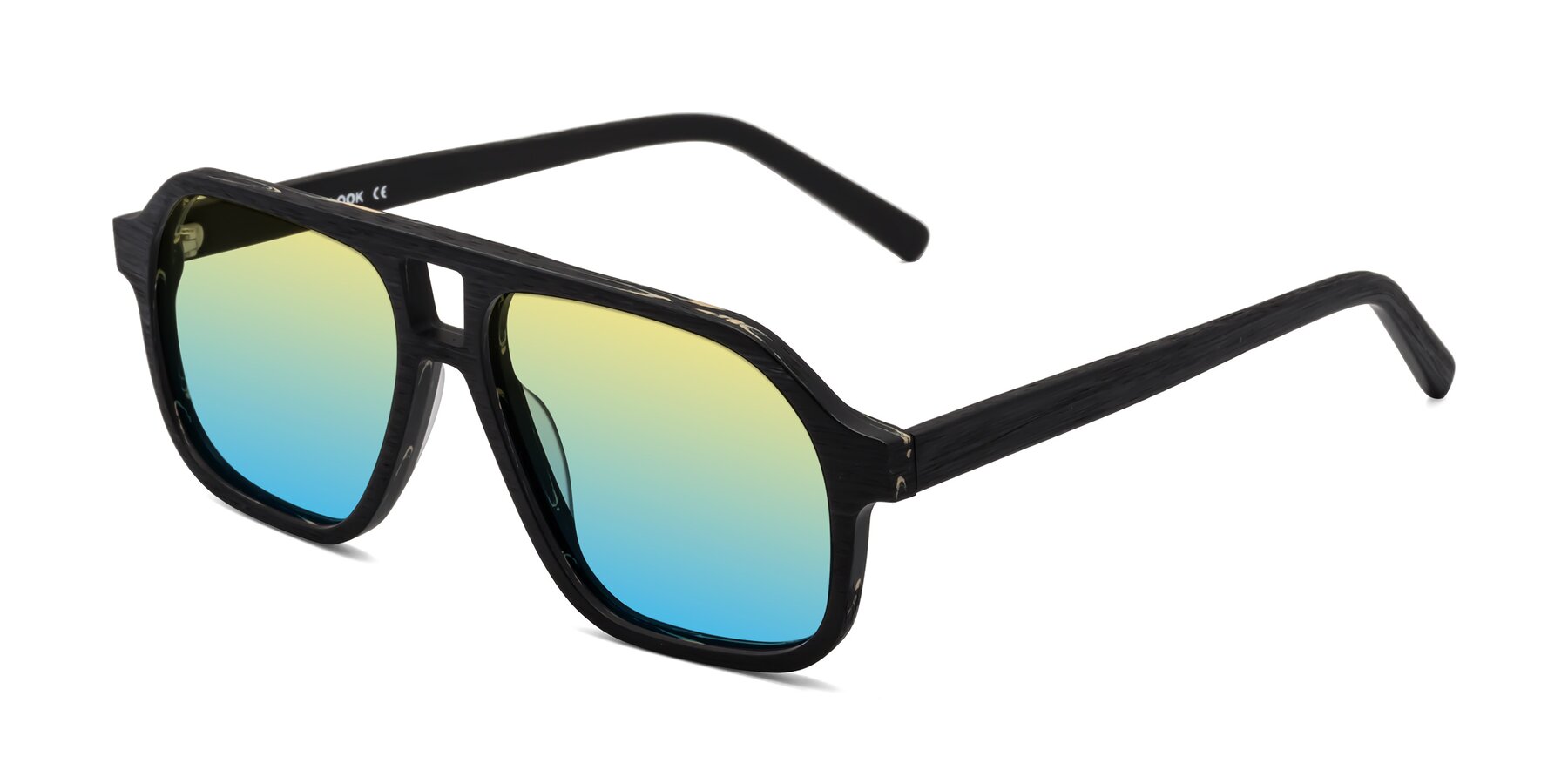 Angle of Edwood in Black Woodgrain with Yellow / Blue Gradient Lenses