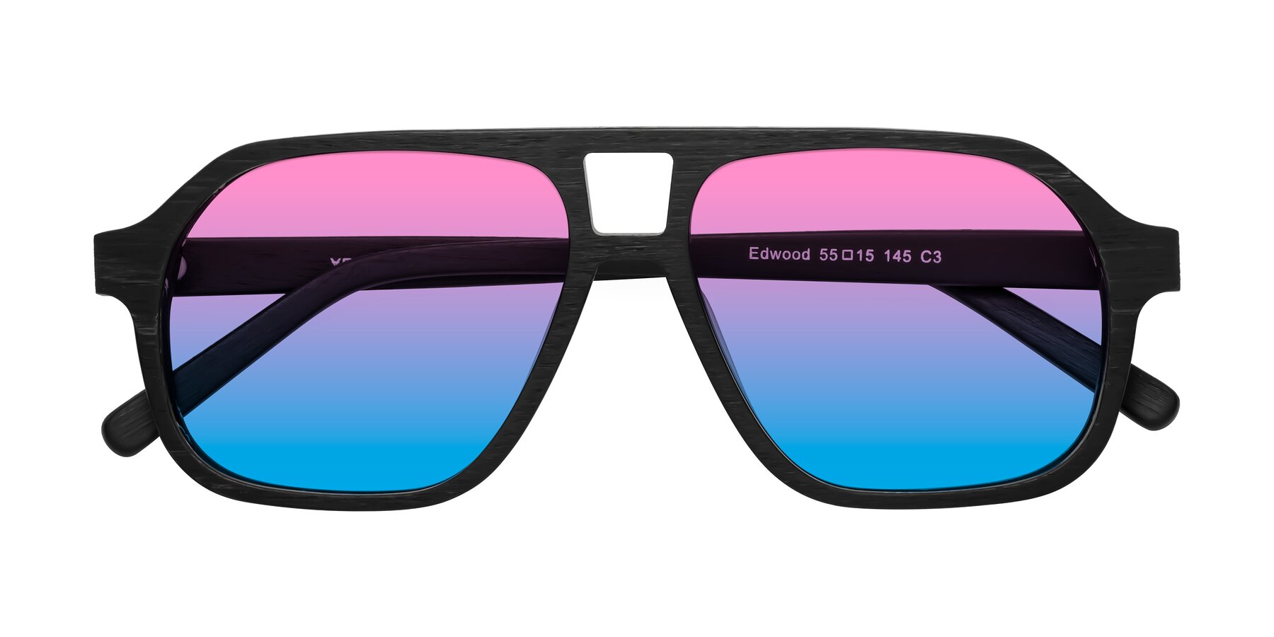 Folded Front of Edwood in Black Woodgrain with Pink / Blue Gradient Lenses