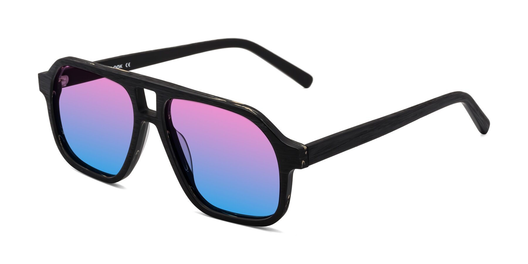 Angle of Edwood in Black Woodgrain with Pink / Blue Gradient Lenses