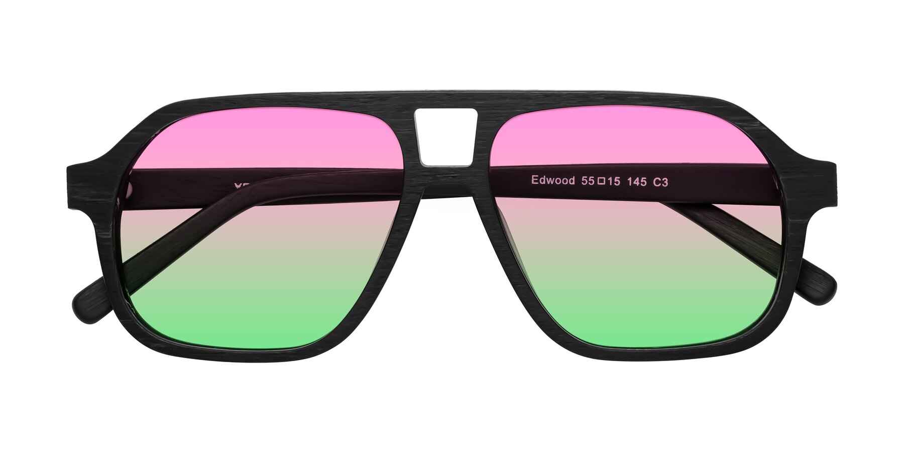 Folded Front of Edwood in Black Woodgrain with Pink / Green Gradient Lenses