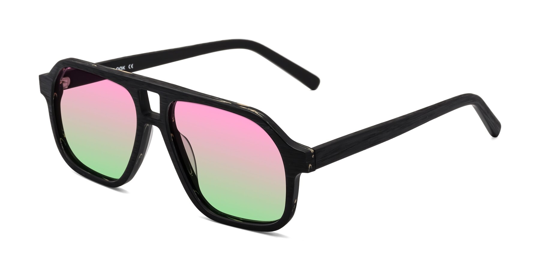 Angle of Edwood in Black Woodgrain with Pink / Green Gradient Lenses