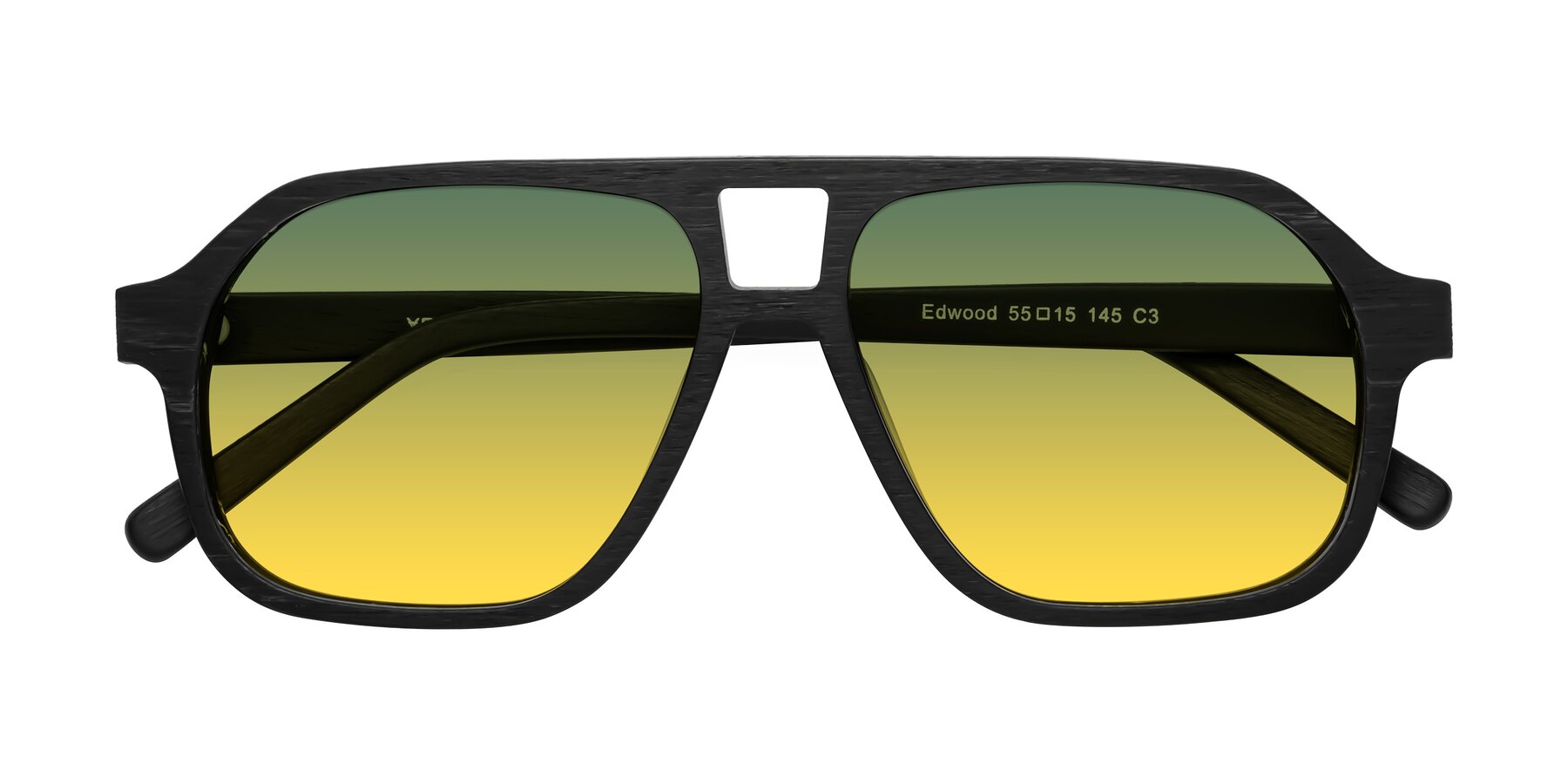 Folded Front of Edwood in Black Woodgrain with Green / Yellow Gradient Lenses