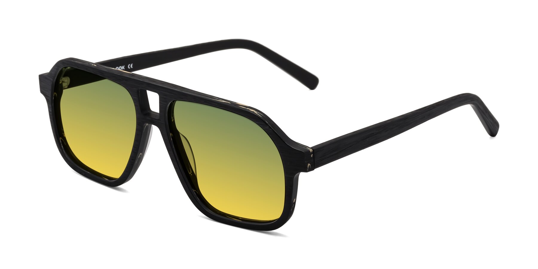 Angle of Edwood in Black Woodgrain with Green / Yellow Gradient Lenses