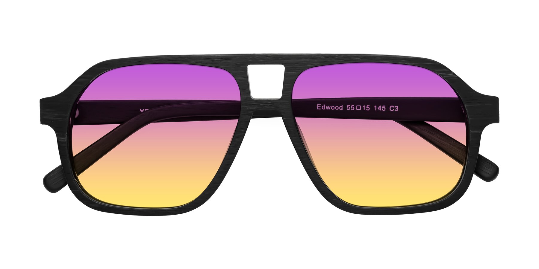 Folded Front of Edwood in Black Woodgrain with Purple / Yellow Gradient Lenses