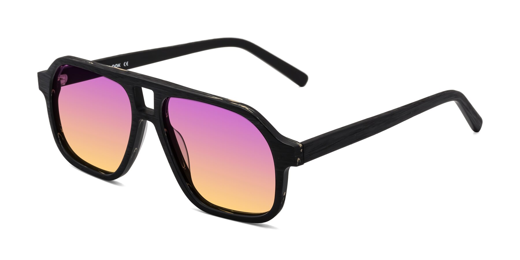 Angle of Edwood in Black Woodgrain with Purple / Yellow Gradient Lenses