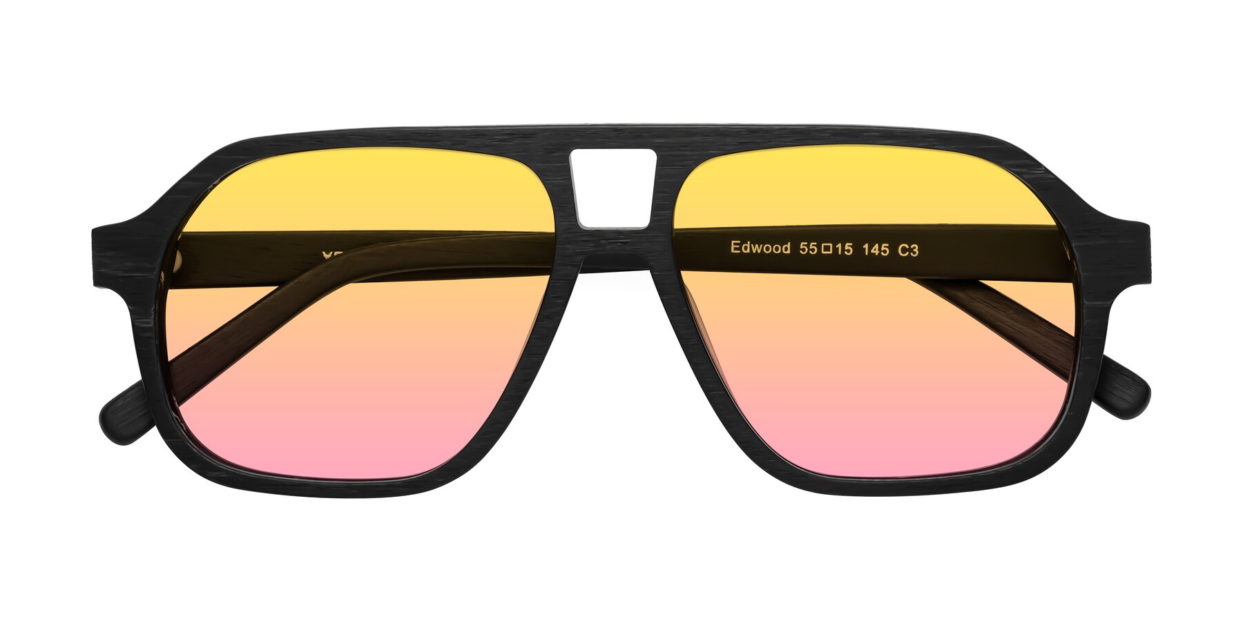 Folded Front of Edwood in Black Woodgrain with Yellow / Pink Gradient Lenses