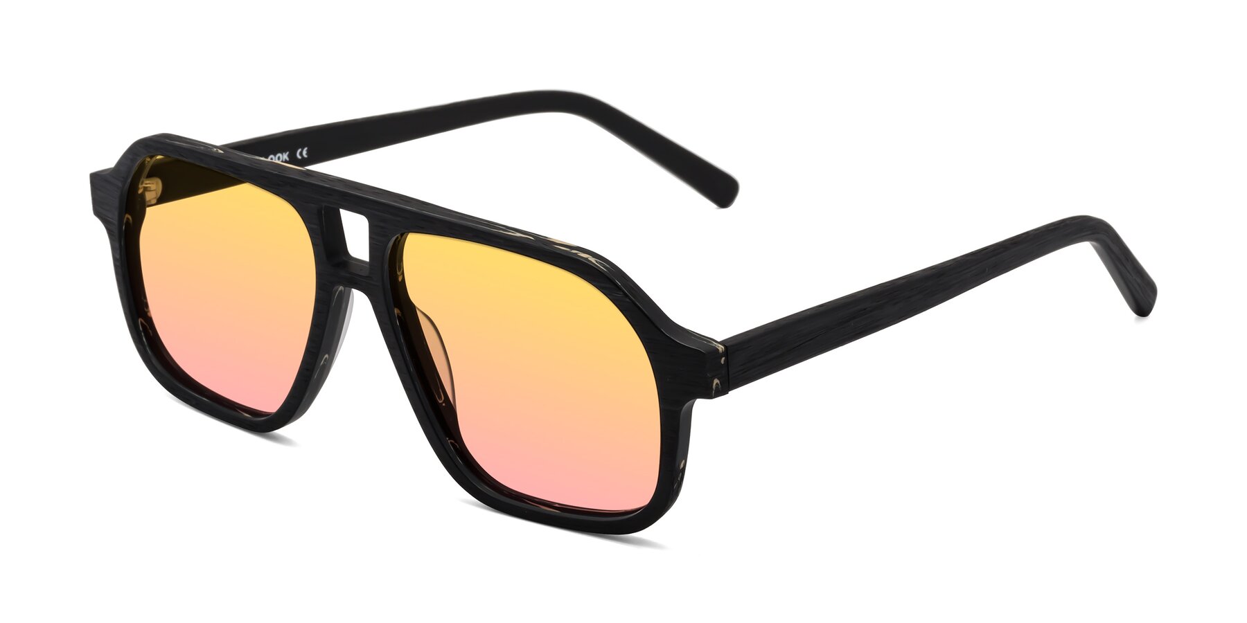 Angle of Edwood in Black Woodgrain with Yellow / Pink Gradient Lenses