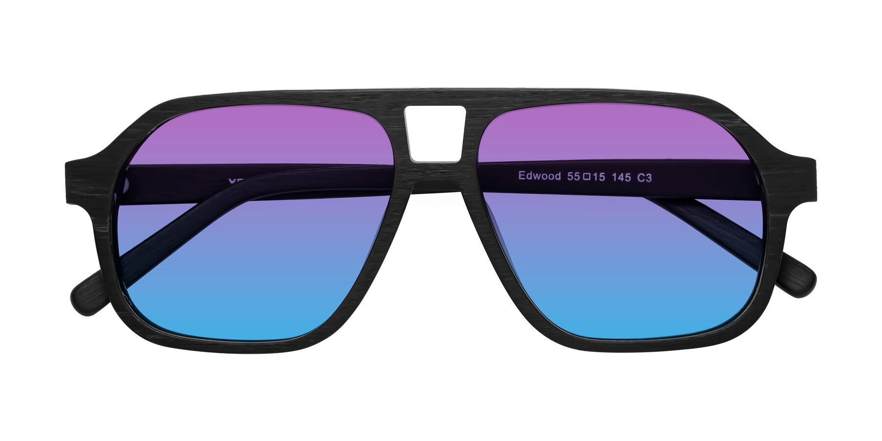 Folded Front of Edwood in Black Woodgrain with Purple / Blue Gradient Lenses