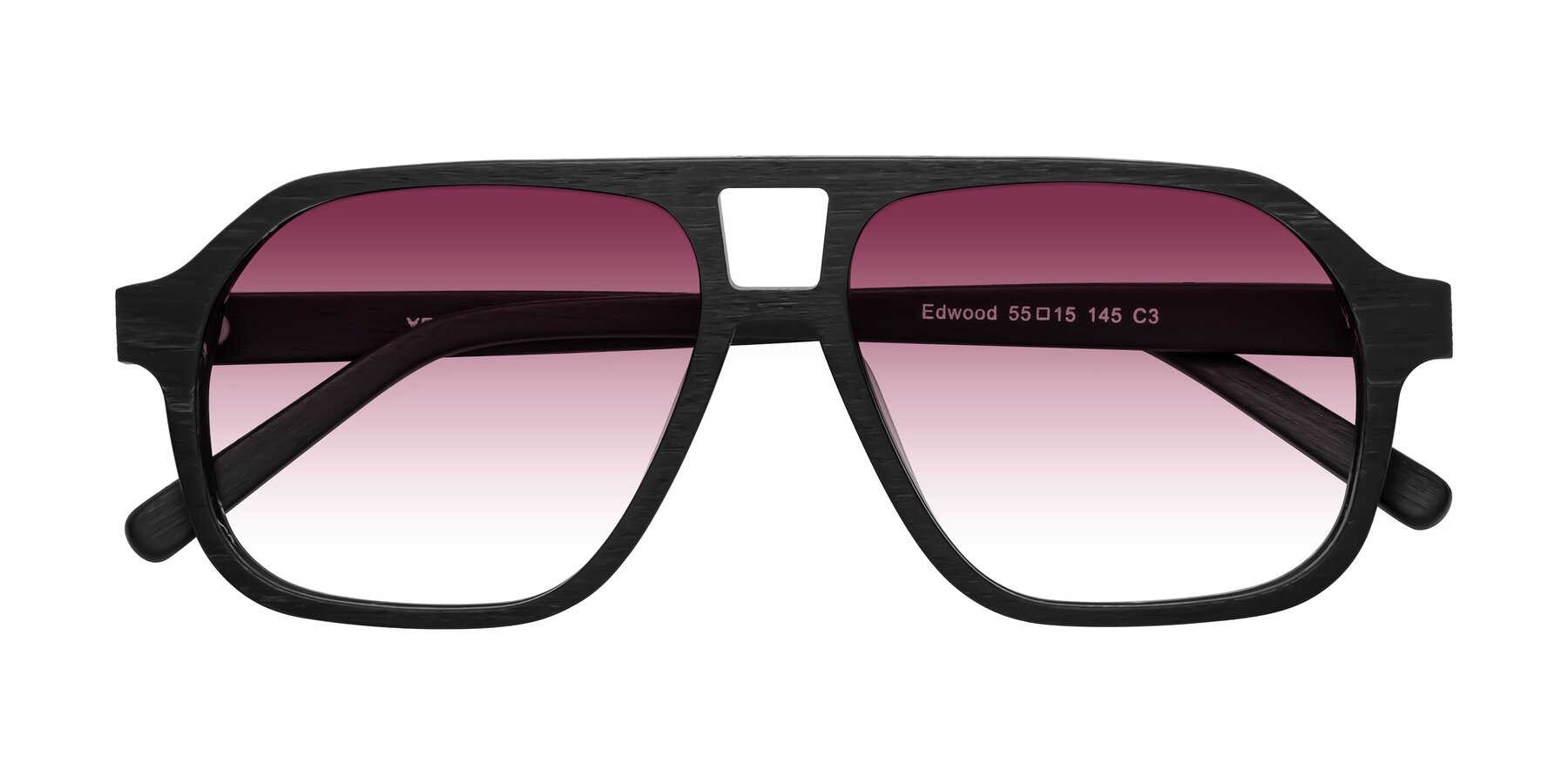 Folded Front of Edwood in Black Woodgrain with Wine Gradient Lenses