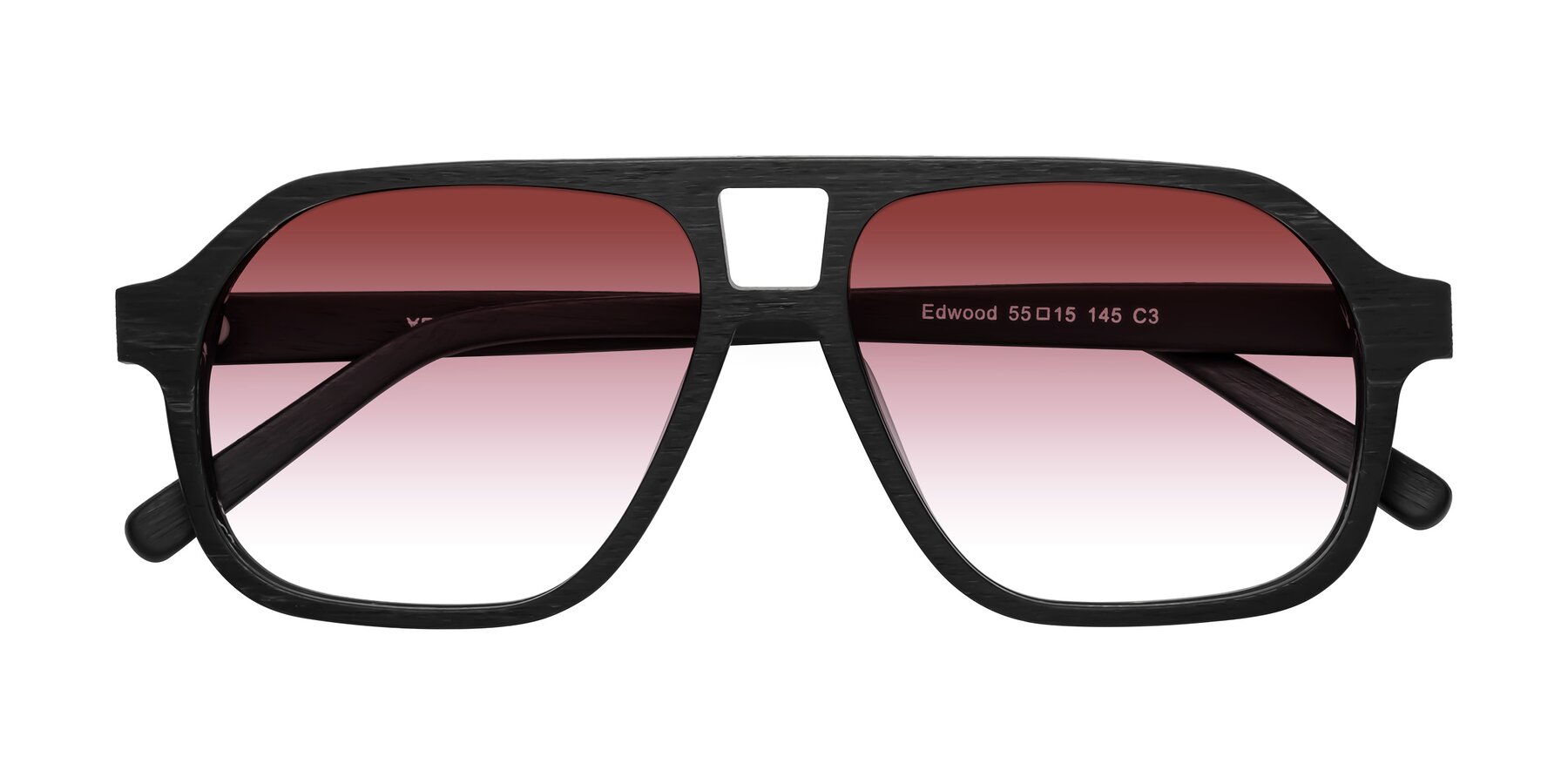 Folded Front of Edwood in Black Woodgrain with Garnet Gradient Lenses