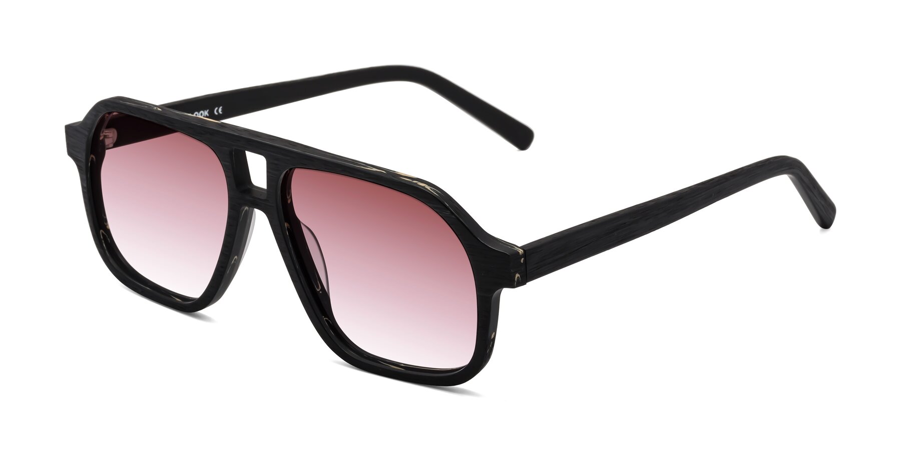 Angle of Edwood in Black Woodgrain with Garnet Gradient Lenses