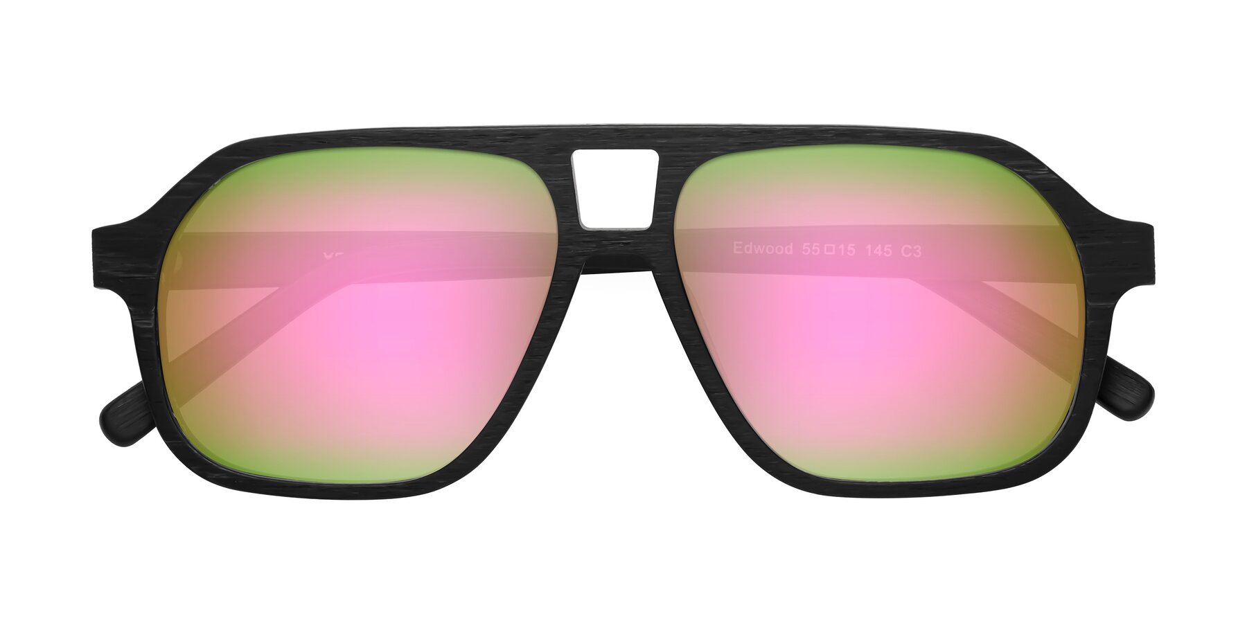 Folded Front of Edwood in Black Woodgrain with Pink Mirrored Lenses