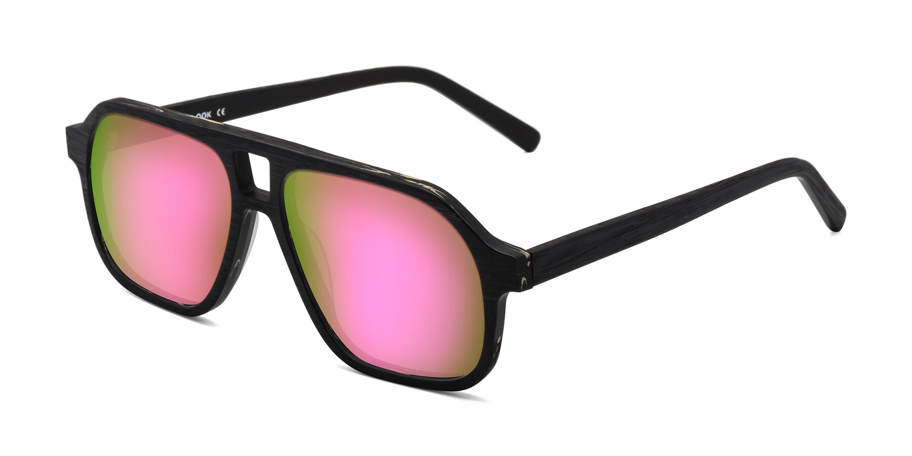 Angle of Edwood in Black Woodgrain with Pink Mirrored Lenses