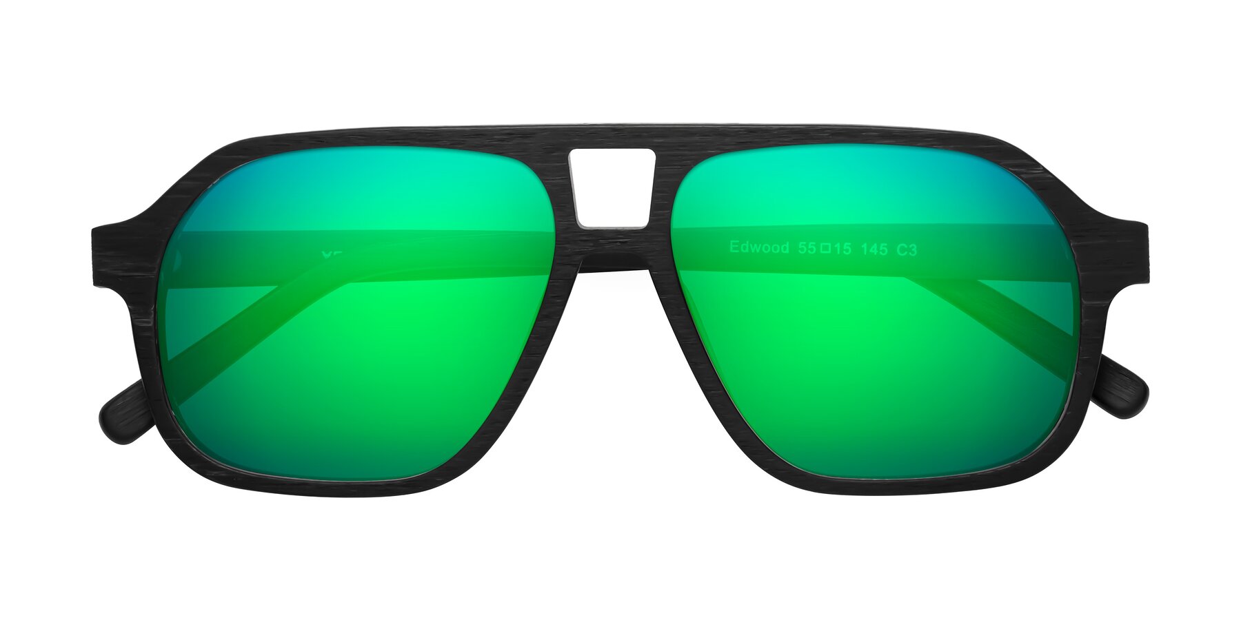 Folded Front of Edwood in Black Woodgrain with Green Mirrored Lenses