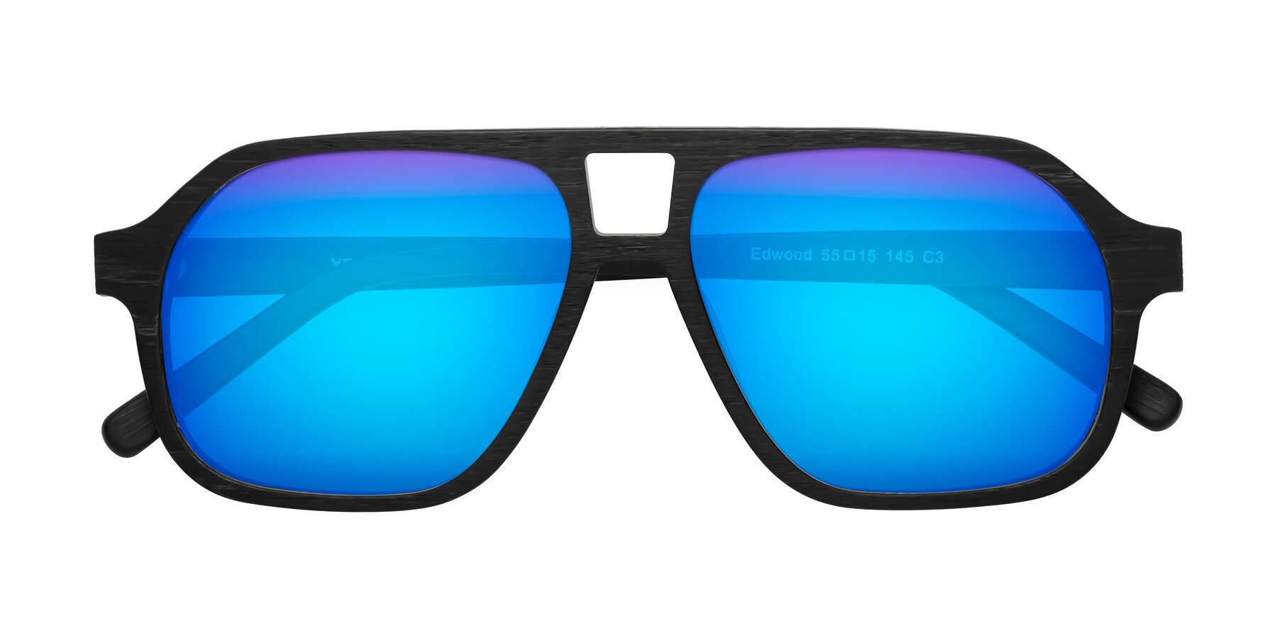 Folded Front of Edwood in Black Woodgrain with Blue Mirrored Lenses