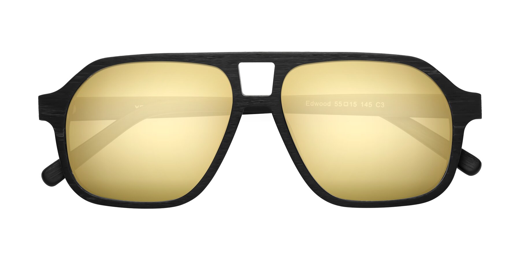 Folded Front of Edwood in Black Woodgrain with Gold Mirrored Lenses