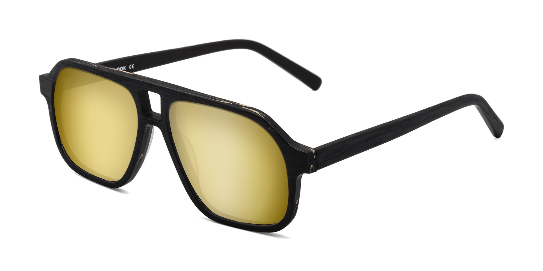 Angle of Edwood in Black Woodgrain with Gold Mirrored Lenses