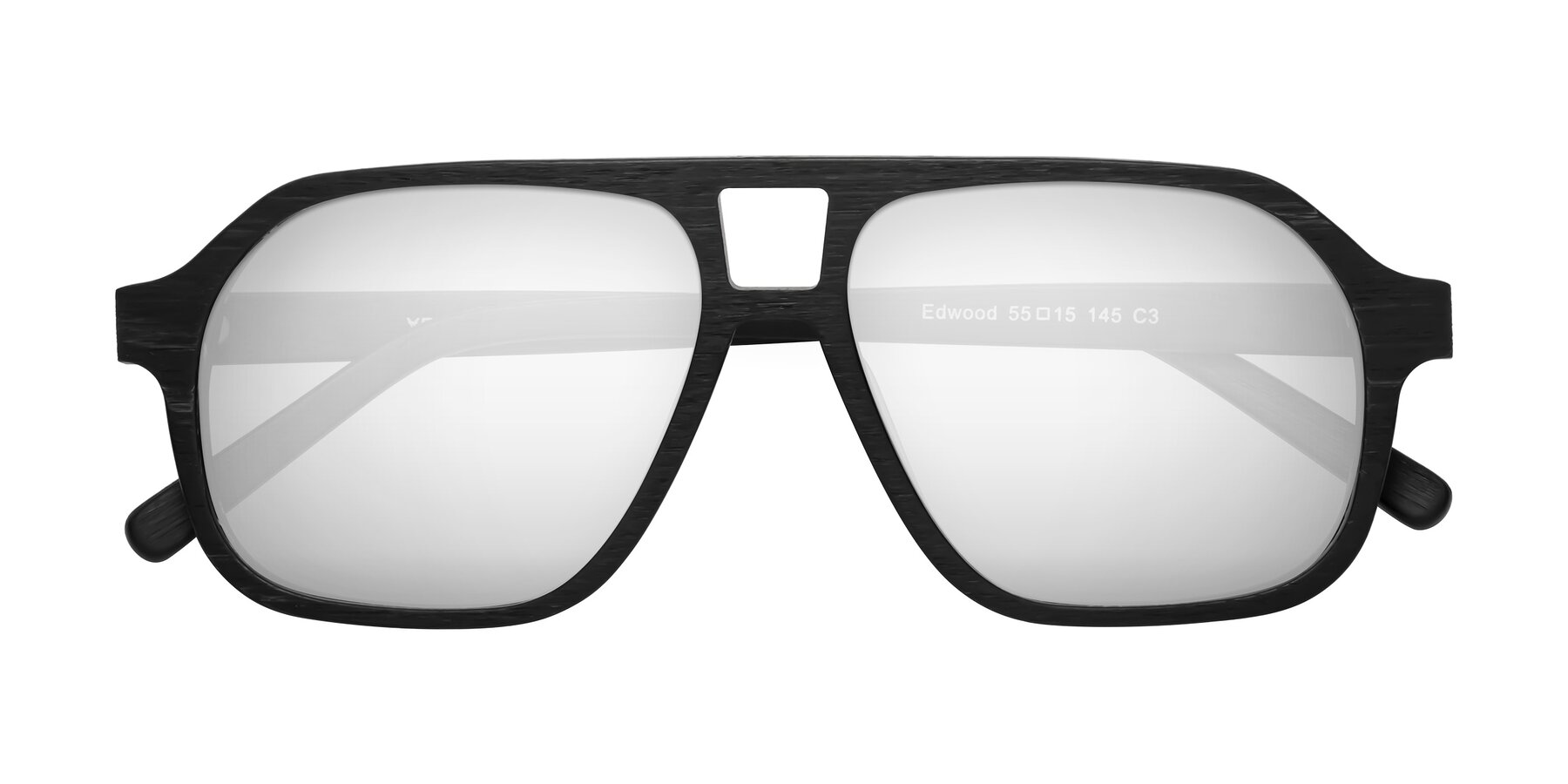 Folded Front of Edwood in Black Woodgrain with Silver Mirrored Lenses