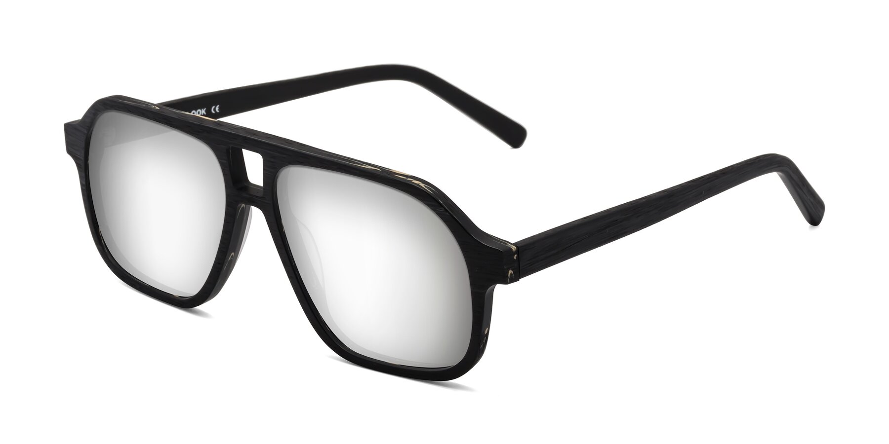 Angle of Edwood in Black Woodgrain with Silver Mirrored Lenses