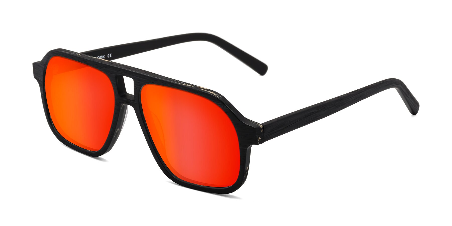 Angle of Edwood in Black Woodgrain with Red Gold Mirrored Lenses