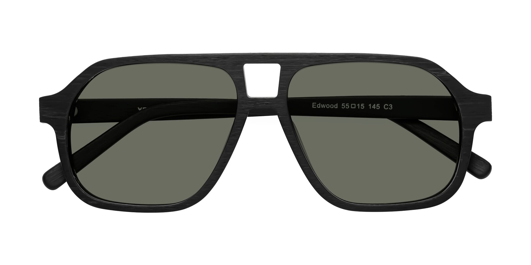 Folded Front of Edwood in Black Woodgrain with Gray Polarized Lenses