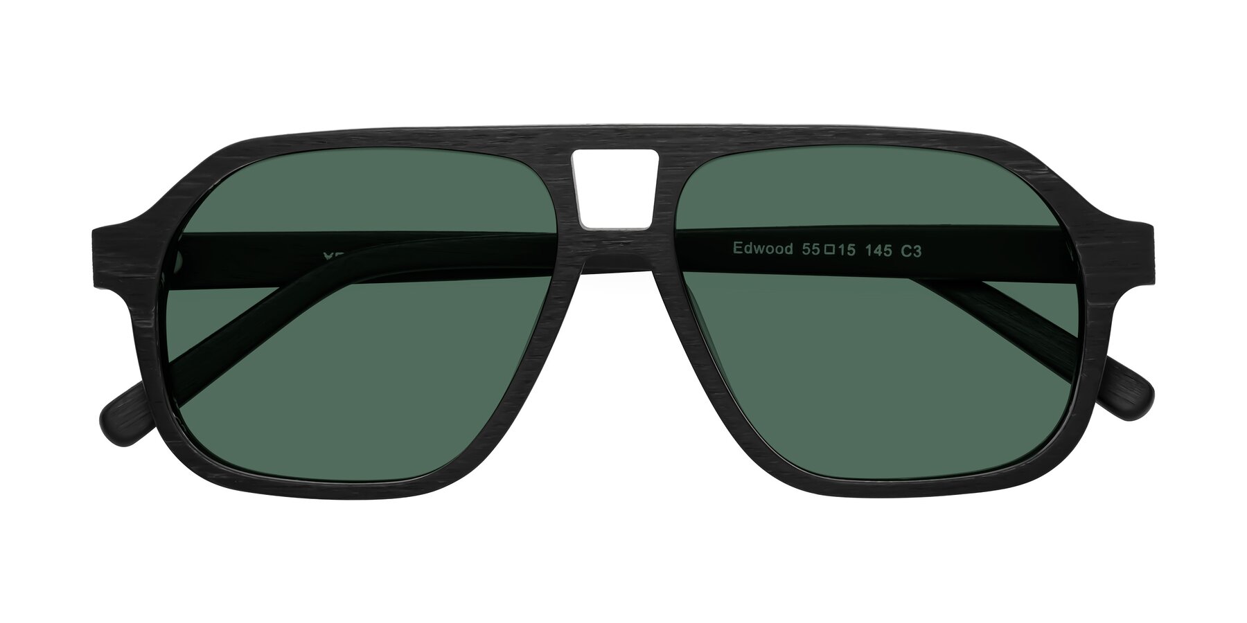 Folded Front of Edwood in Black Woodgrain with Green Polarized Lenses