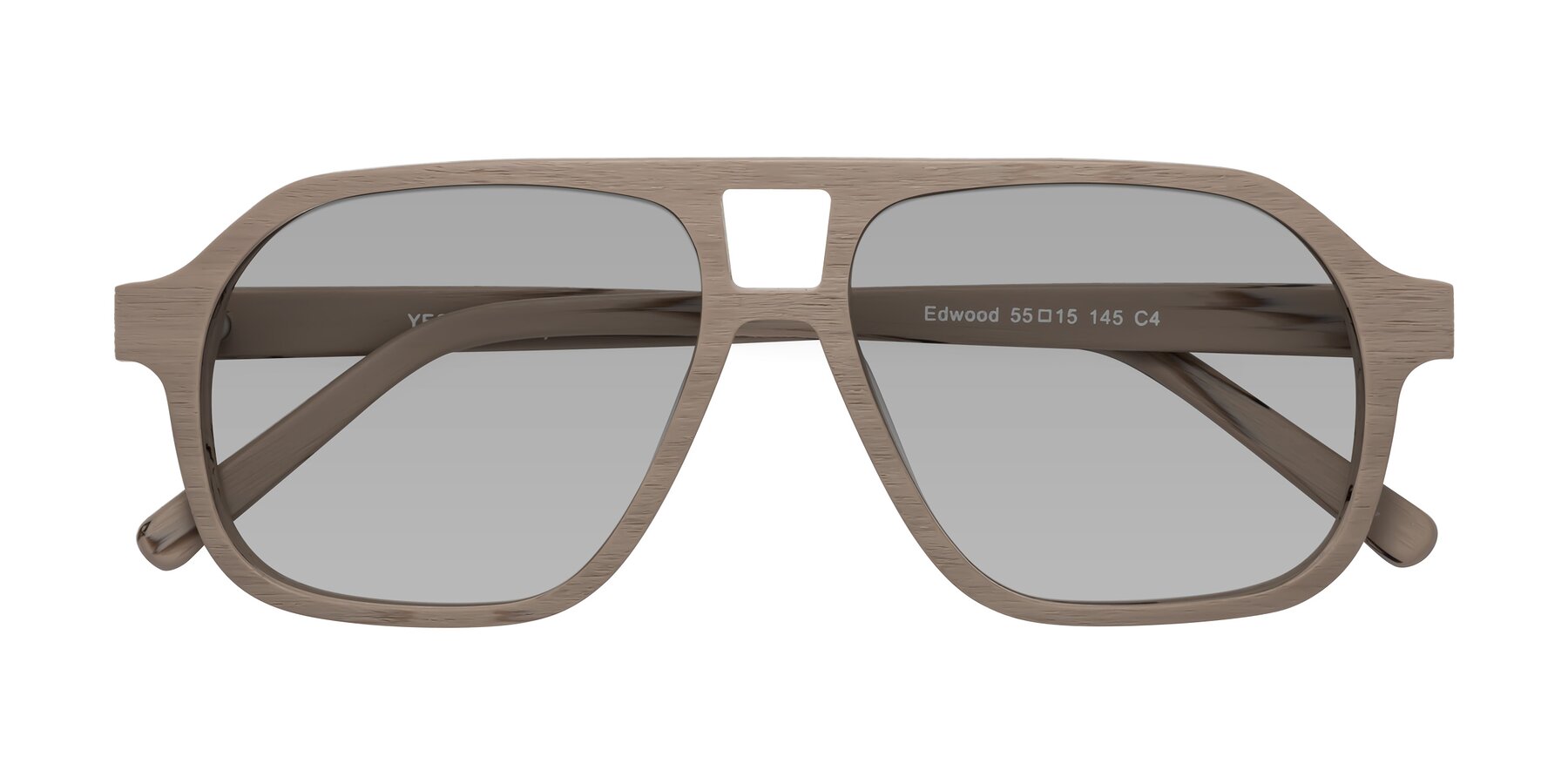 Folded Front of Edwood in Pale Mauve Woodgrain with Light Gray Tinted Lenses